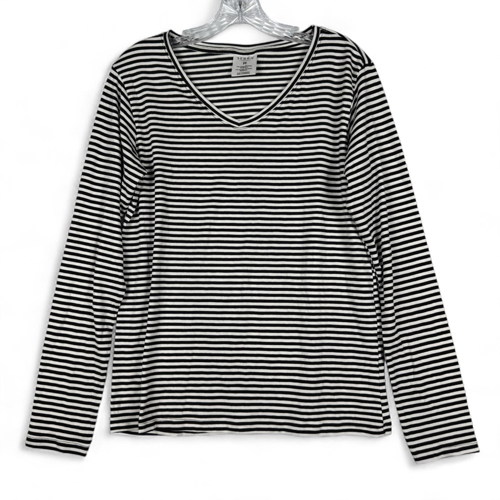 SERRA Long Sleeve Shirt Women’s Medium Cotton Blend Striped Black White Pullover